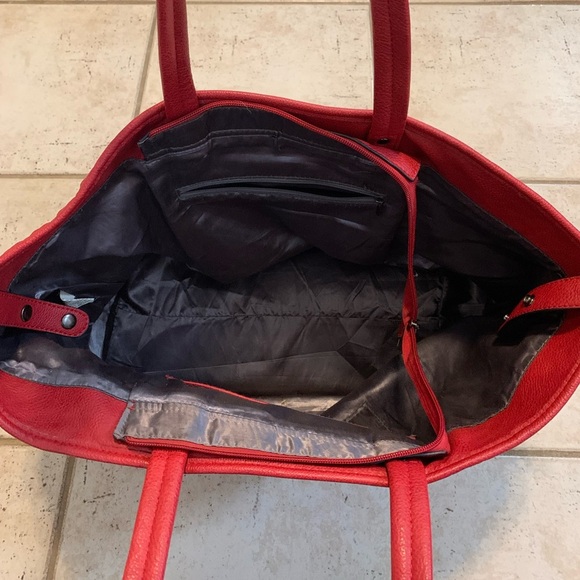 Bright Red PU Leather Geometric Pattern Tote Bag Satchel - Spacious Interior - Picture 4 of 15